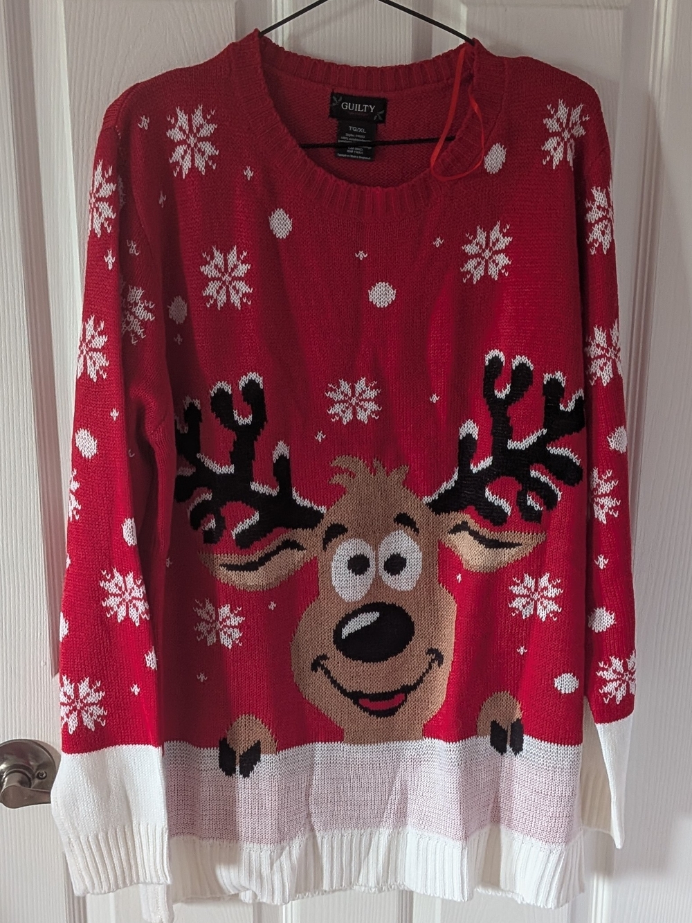 Red Reindeer Crew Neck Sweater - Women's Holiday Knit